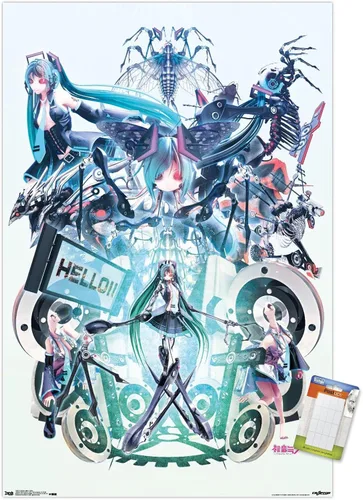 Miniatura 14 de Trends International Hatsune Miku - Póster de pared Hello, 14.725 x 22.375 pulgadas, versión con marco de madera tipo granero