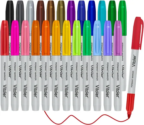 Vitoler Marcadores permanentes de colores, 24 rotuladores permanentes de colores surtidos, marcadores de punta fina para marcar, colorear,