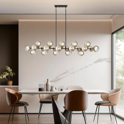Miniatura 6 de Candelabro lineal negro Sputnik de 70 pulgadas, lámpara de comedor con 22 luces, globo de vidrio, lámpara lineal ahumada para granja, sala de estar