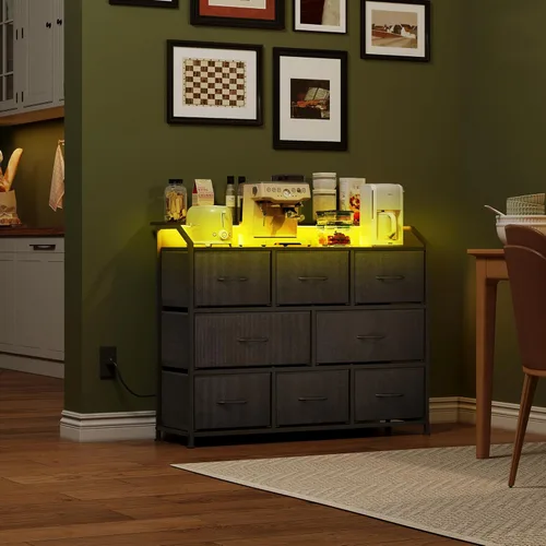Miniatura 4 de WLIVE Cómoda LED para dormitorio, soporte de TV negro para dormitorio con luces LED y toma de corriente, cómoda ancha para pasillo, 8 cajones