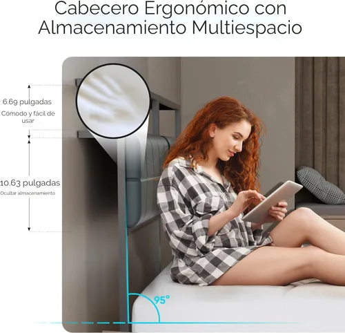 Miniatura 3 de J.Fkne - Marco de cama Queen con luces LED y estación de carga, marco de cama estilo plataforma metálica con cabecera de almacenamiento de 2