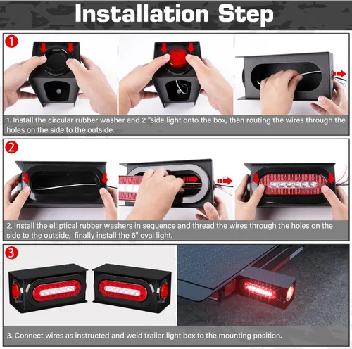 Miniatura 6 de RONSTA Kit de 2 cajas de acero para luces de remolque con luces traseras LED ovaladas rojas/blancas de 6 pulgadas y luces laterales redondas rojas