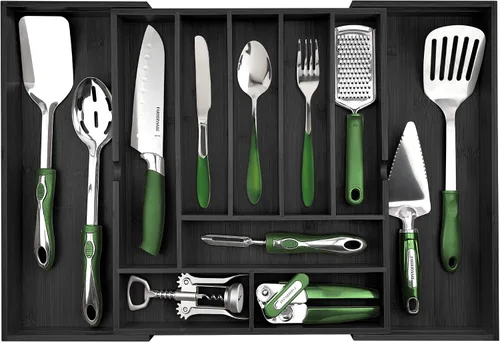 Miniatura 9 de Pristine Bamboo bandeja organizadora de cubiertos – Utensilios de mesa, cubiertos, soporte de cubiertos para cajón – Organizador de cajón de madera