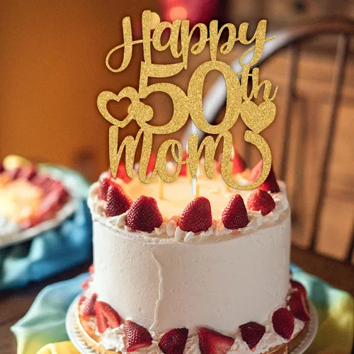 Miniatura 5 de Decoración para tartas con texto en inglés "Happy 50th Mom", feliz 50 cumpleaños para madre, saludos a 50 años, cumpleaños, aniversario, suministros