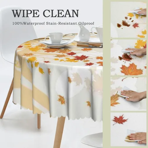 Miniatura 4 de Mantel redondo con temática de otoño, 48 pulgadas, tela impermeable, decorativa, reutilizable, lavable, a prueba de derrames, resistente a