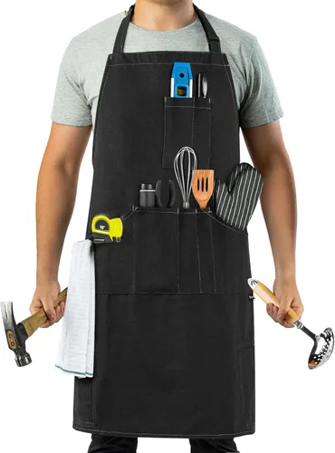 Miniatura 8 de opux Delantal de chef para hombres, delantal de cocina con bolsillos para mujer, delantal grande de lona unisex para cocinar, asar a la parrilla