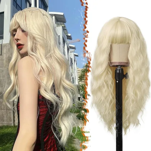 Miniatura 23 de BARSDAR Peluca rubia corta ondulada con flequillo, pelucas cortas onduladas de 14 pulgadas para mujer, pelucas sintéticas suaves hasta el hombro