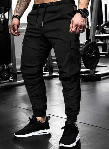 Miniatura 3 de JMIERR Pantalones cargo de moda para hombre, casuales, de algodón, elásticos, de sarga con cordón, pantalones deportivos con 6 bolsillos