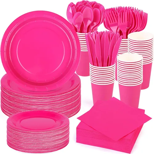 Miniatura 11 de Durony 350 piezas juego de vajilla de papel negro para cenas, platos desechables de 7 y 9 pulgadas, sirve para 50 invitados, juego de vajilla