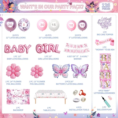 Miniatura 2 de 126 decoraciones de mariposa para baby shower para niña, 4 cajas de globos de mariposa, globos de papel de aluminio de mariposa, flor, "Una pequeña
