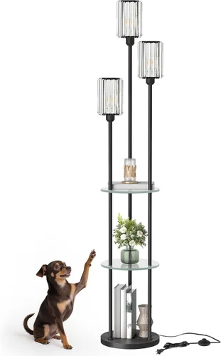 Miniatura 9 de Lámpara de pie negra con estantes, lámpara de pie moderna con 3 pantallas de cristal e interruptor de pie, lámpara de pie de 3 luces, para sala