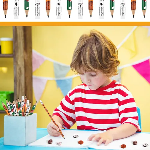 Miniatura 4 de Tinlade 72 piezas de lápices deportivos y borradores para niños, lápices de madera divertidos para niños, tema deportivo, regalos para cumpleaños