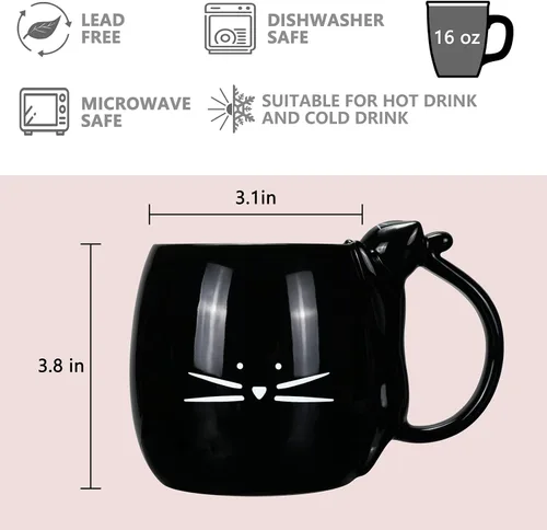 Miniatura 2 de Koolkatkoo Taza de café con diseño de gato, regalo para amantes de los gatos, tazas de té de cerámica, color negro, 16 onzas Gato plano negro