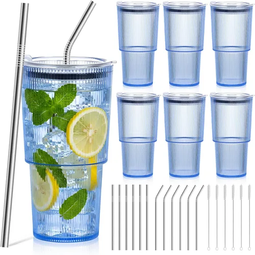 Miniatura 13 de 2 Pcs 20oz Plastic Ribbed Tumblers with Lid and Straws Blue Plastic Reusable Iced Coffee Cups with Lid Unbreakable Vintage Ribbed Drinking Glasses