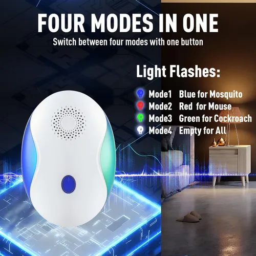 Miniatura 2 de Repelente ultrasónico de plagas para uso en interiores, control electrónico de plagas 4 en 1 para ratones, insectos, arañas, roedores, insectos