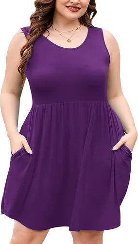 AusLook Vestido de verano de talla grande para mujer, casual, sin mangas, cuello redondo, plisado, babydoll con bolsillos, 1X-5X