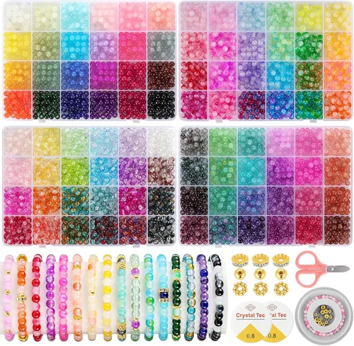 Funtopia Kit de fabricación de pulseras con cuentas de vidrio 3524 piezas, 4 tipos 96 colores cuentas de vidrio redondas de 6 mm para pulseras,