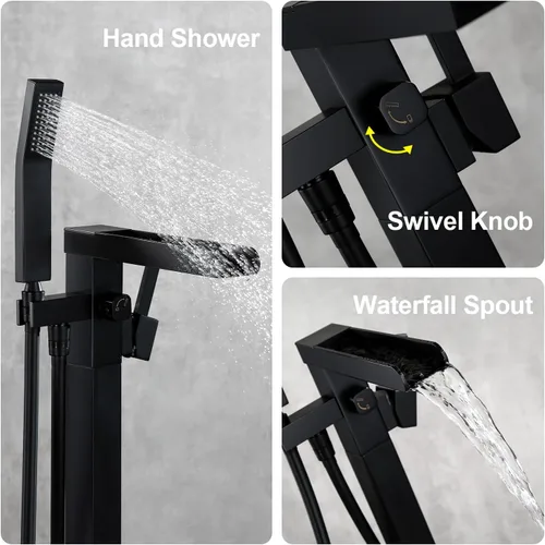 Miniatura 6 de BAGNOLUX Grifo de Bañera de Latón Macizo de Montaje en Piso Grifo de Bañera Independiente Llenador de Bañera Independiente Negro con Ducha de Mano