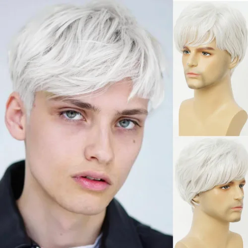 Peluca blanca corta para hombre con flequillo capas pelo sintético pelucas diarias para uso masculino
