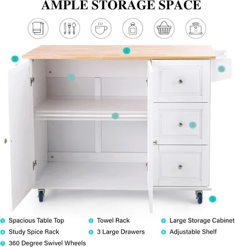 Miniatura 7 de PHI VILLA Carrito de isla de cocina con ruedas - Isla de cocina móvil con hoja caída, mesa de cocina enrollable con almacenamiento