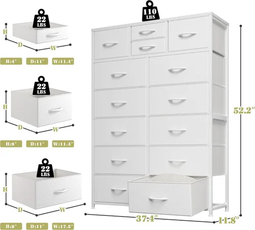 Miniatura 3 de EnHomee Cómodas blancas para dormitorio con 14 cajones de almacenamiento, cómodas y organizador de cajones de almacenamiento, marco de metal Blanco