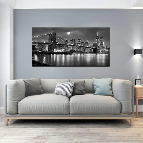 Miniatura 2 de LevvArts - Lienzo de Nueva York en blanco y negro con imagen del puente de Brooklyn, arte de pared, noche de luna llena, póster de la ciudad