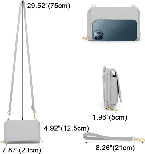 Miniatura 7 de UTO Cartera RFID para mujer, bolso cruzado para teléfono celular para mujer, tarjetero de viaje de moda, cartera de mano con 2 correas, 1266 Gris