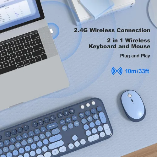Miniatura 109 de KNOWSQT Combo de teclado y ratón inalámbrico, teclados lindos de tamaño completo estilo máquina de escribir 2.4G azul colorido - receptor USB Plug