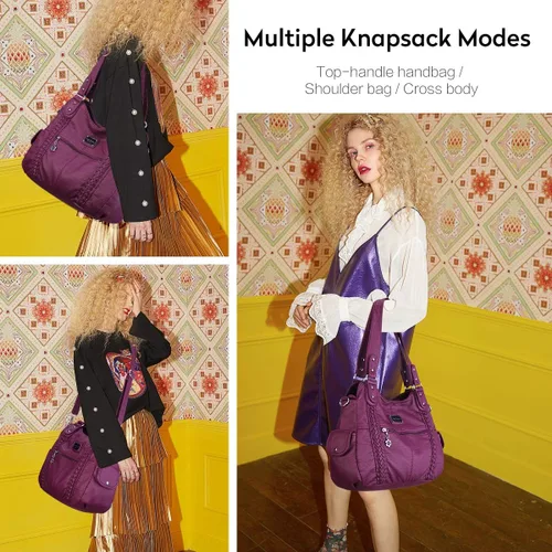 Miniatura 226 de Angel Barcelo - Bolsa de hombro amplia para mujer, diseño Hobo, cuero lavado