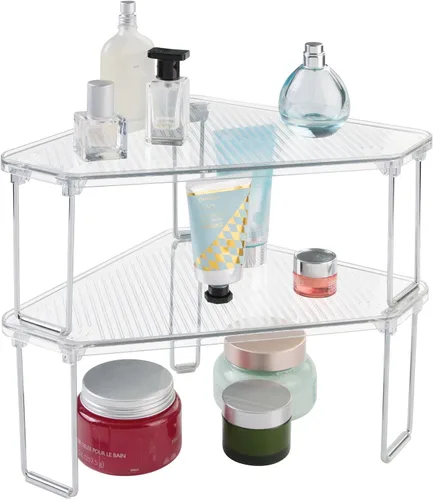 mDesign - Estante apilable de esquina de plástico/acero, estante organizador de almacenamiento para baño, tocador, encimera, fregadero, gabinete,