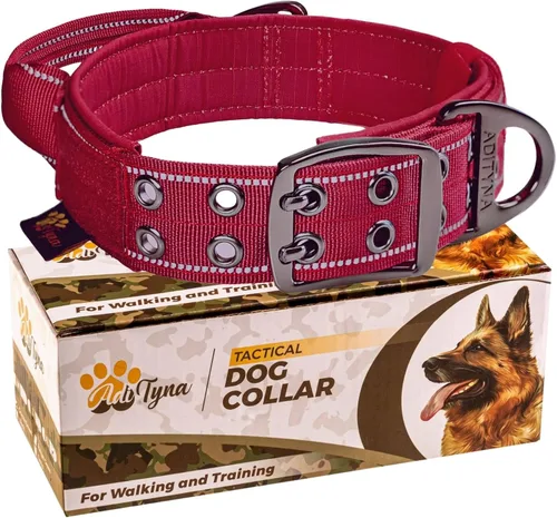 ADITYNA Collar de perro resistente para perros grandes, collar reflectante burdeos con asa para entrenar y caminar, ancho, grueso, táctico, Borgoña