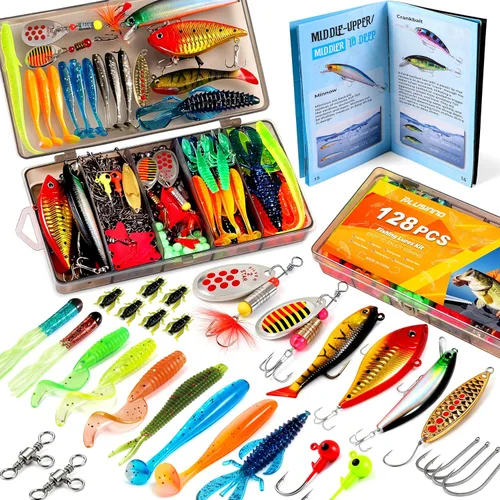 Miniatura 11 de PLUSINNO Señuelos de pesca, cebo que incluye crankbaits, spinnerbaits, gusanos de plástico, plantillas, señuelos de agua superior, caja de aparejos