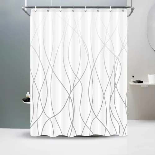 Miniatura 32 de Juego de cortinas de ducha azul egeo para baño con ganchos, cortinas de baño decorativas repelentes al agua y lavables con rayas blancas, 72 x 72