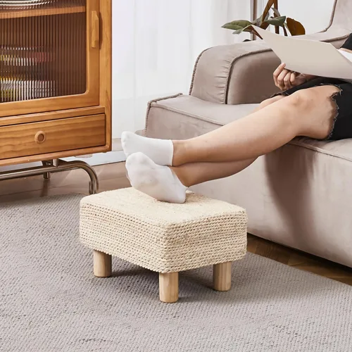 Miniatura 2 de Wimarsbon Reposapiés Otomano de Hierba Marina Natural Rectangular Reposapiés Puf Otomanos con Patas de Madera Tejido a Mano Taburete Escalón
