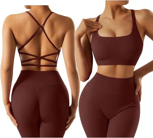 OMKAGI Conjunto de entrenamiento acanalado para mujer, sin costuras, brasier deportivo con tiras y levantamiento de glúteos