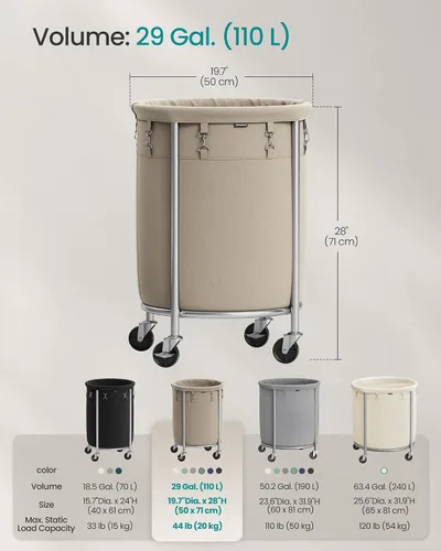 Miniatura 6 de SONGMICS - Cesta de lavandería de 29 galones (110 L) con ruedas, carrito rodante redondo resistente con marco de acero y bolsa extraíble, 2 ruedas