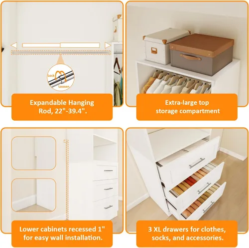 Miniatura 4 de Sistema de armario con cajones de madera, sistema de organización de armario de 4 pies con cajones y varillas para colgar y para vestidores, 2