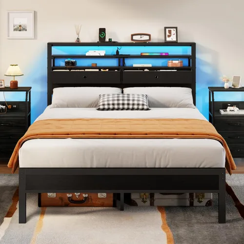Furnulem Base de cama tamaño completo con cabecero y 2 cajones de tela, cama de plataforma completa con luces LED, estación de carga integrada y