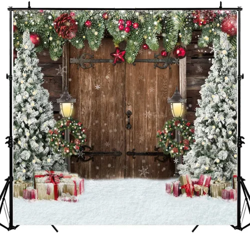 Miniatura 4 de Lofaris Telón de fondo de Navidad de invierno, telón de fondo para fotografía de Navidad, telón de fondo rústico de granero de madera, puerta