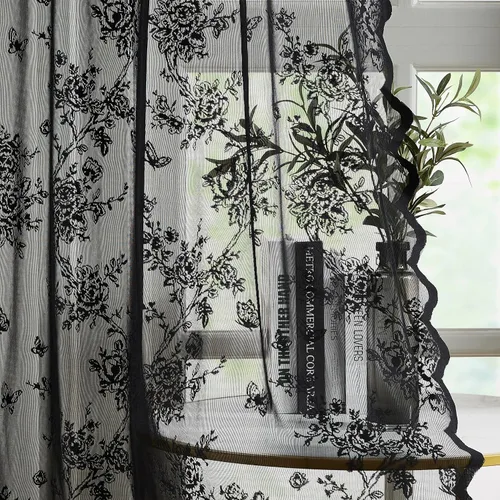 Bujasso - Cortinas de encaje negro vintage con flores, cortinas transparentes de 54 pulgadas con bolsillo para varilla, filtrado de luz, estilo