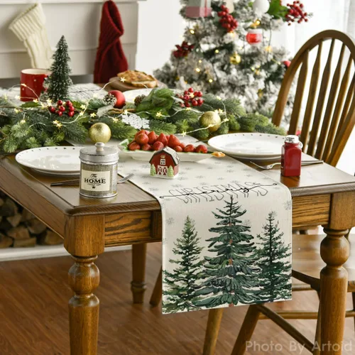 Miniatura 2 de Artoid Mode - Camino de mesa beige con diseño de árbol de pino y copos de nieve, «Feliz Navidad», decoración de mesa de comedor para fiestas
