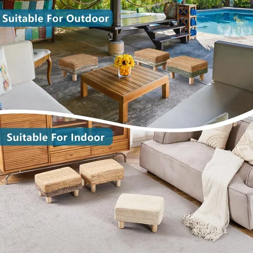 Miniatura 6 de Wimarsbon Reposapiés Otomano de Hierba Marina Natural Rectangular Reposapiés Puf Otomanos con Patas de Madera Tejido a Mano Taburete Escalón