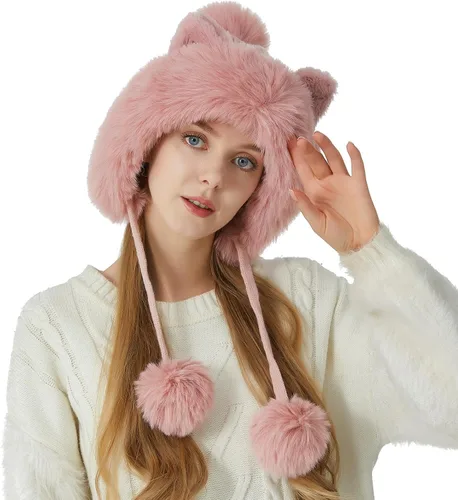 Miniatura 2 de HUAMULAN - Gorro de invierno para mujer estilo peruano con forro polar, solapas para orejas, doble capa, con pompones