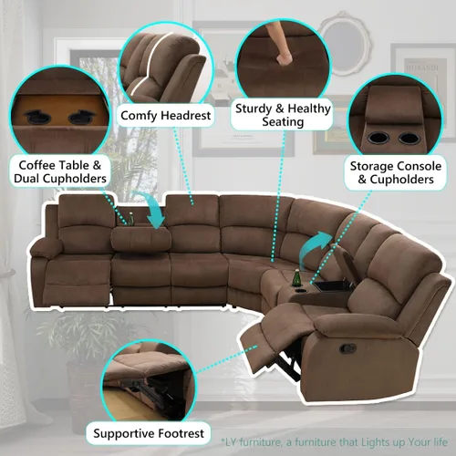 Miniatura 4 de Juego de sofá seccional reclinable manual, juegos de muebles de sala de estar, sofá seccional en forma de L y 2 sillas, cómodo sofá reclinable