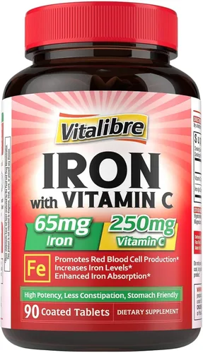 Suplemento de hierro, 65 mg de hierro carbonilo con 250 mg de vitamina C, píldoras de hierro amigables con el estómago para mujeres y hombres, alta