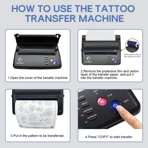 Miniatura 8 de LifeBasis Impresora de plantillas de transferencia de tatuajes, copiadora térmica de tatuajes con 30 piezas de papel de transferencia de plantillas