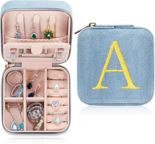 Parima Joyero de viaje personalizado de terciopelo de felpa para mujeres, joyeros pequeños, organizador de joyas, esencial de viaje azul, para