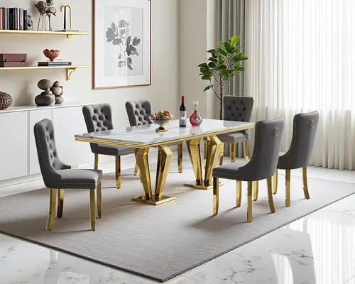 Miniatura 24 de Juego de mesa de comedor de mármol sintético, 7 piezas, juego de mesa de cocina y comedor para 6, mesa de comedor rectangular blanca de 70 pulgadas