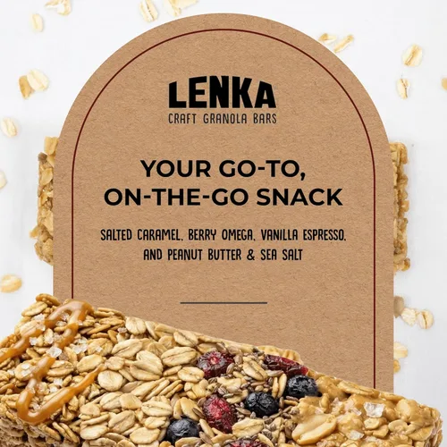 Miniatura 2 de Lenka Discovery - Paquete de 12 bocadillos de granola con alto contenido de fibra, caramelo salado, bayas omega, vainilla expreso, mantequilla