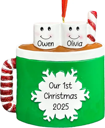 Miniatura 15 de Adorno de Navidad personalizado de la familia de 6 de chocolate caliente 2026 Malvaviscos personalizados en taza de cacao con bastón de caramelo